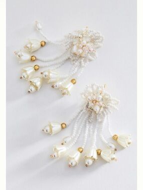 Anthropologie Beaded Floral Fringe Drop Earrings Pearl BHLDN *SOLD OUT*